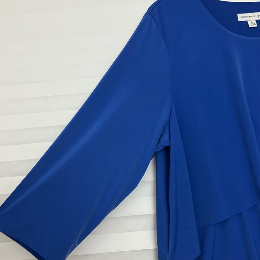 Susan Graver Royal Blue Liquid Knit Tiered Asymmetrical Ruffle Top XL 3/4 Sleeve - Picture 4 of 8